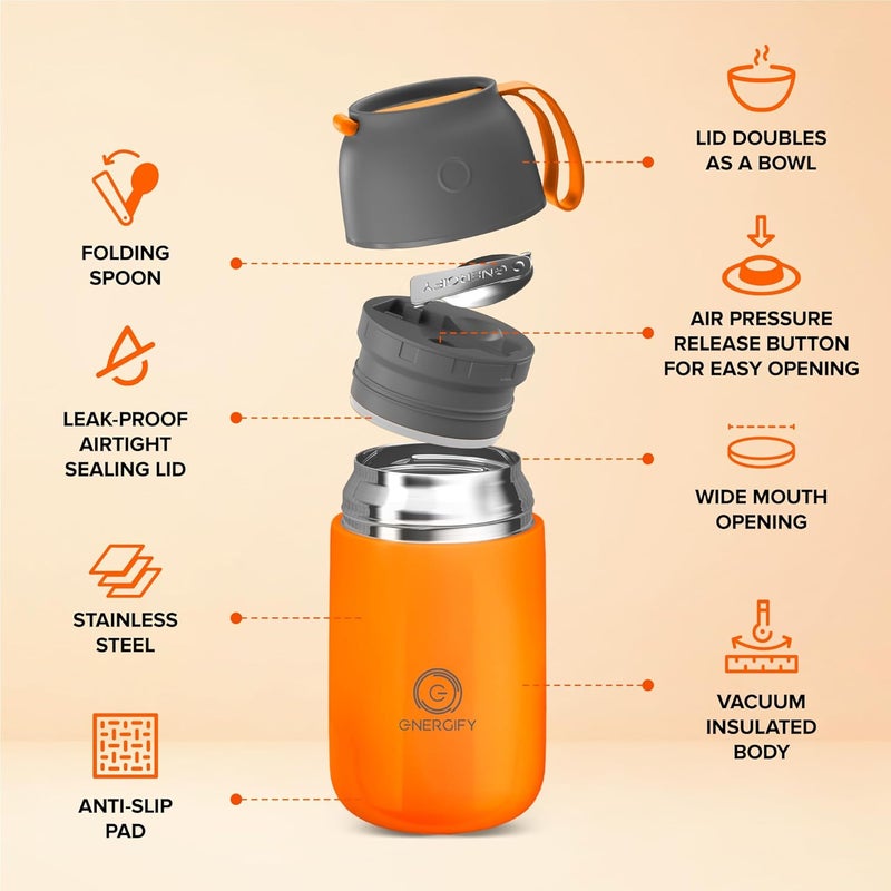 ENERGIFY Vacuum Insulated Food Jar. Large 24oz Bowl incl. Folding Spoon, Cup. Wide Mouth Keep Hot & Cold Drinks Soup Lunch Container for Adults. BPA-Free Stainless Steel, Leak Proof Orange - Image 2